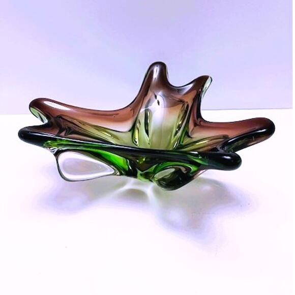 Vintage (1960s) Murano 3 Petal Splash Plum, Green, & Clear Handblown Glass Decor - Picture 2 of 6